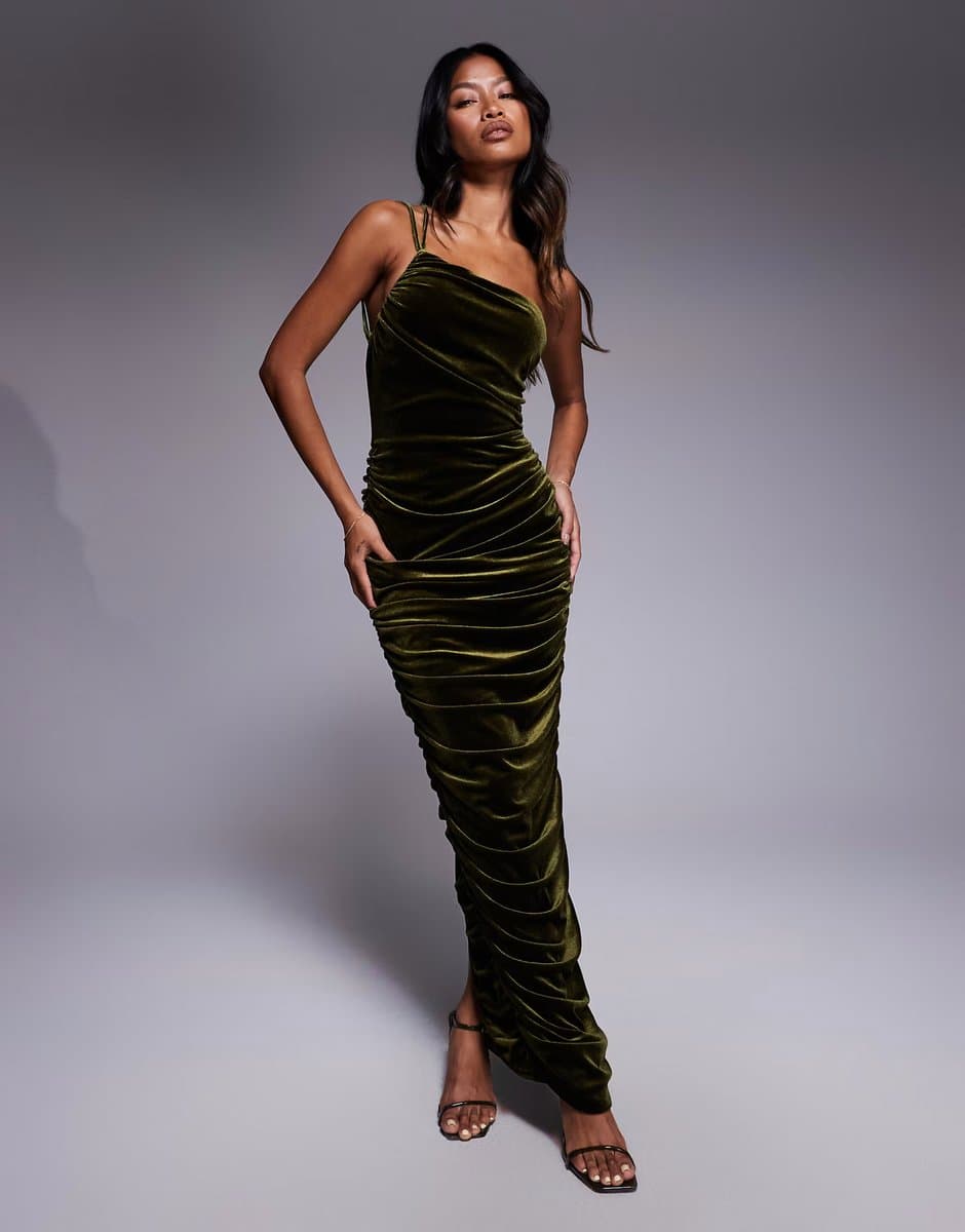 ASOS TFNC ruched one shoulder maxi dress in olive green velvet