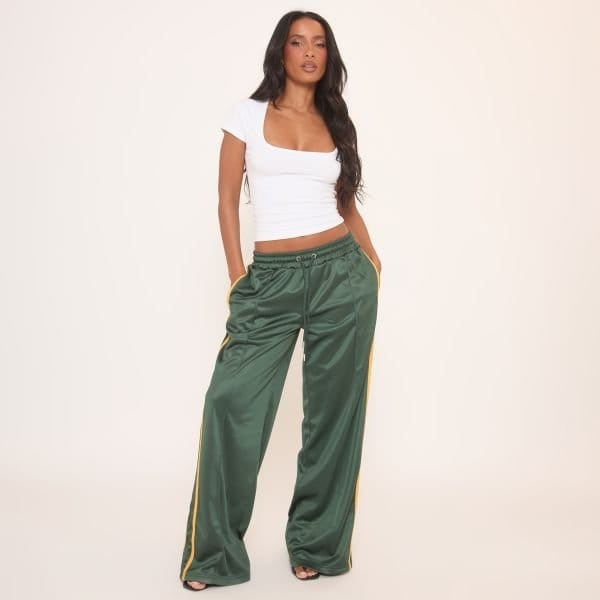 EGO Mid Rise Tie Waist Detail Contrast Side Stripe Joggers In Green, Women's Size UK 4 - 1