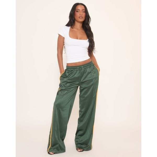 EGO Mid Rise Tie Waist Detail Contrast Side Stripe Joggers In Green, Women's Size UK 4 - 2
