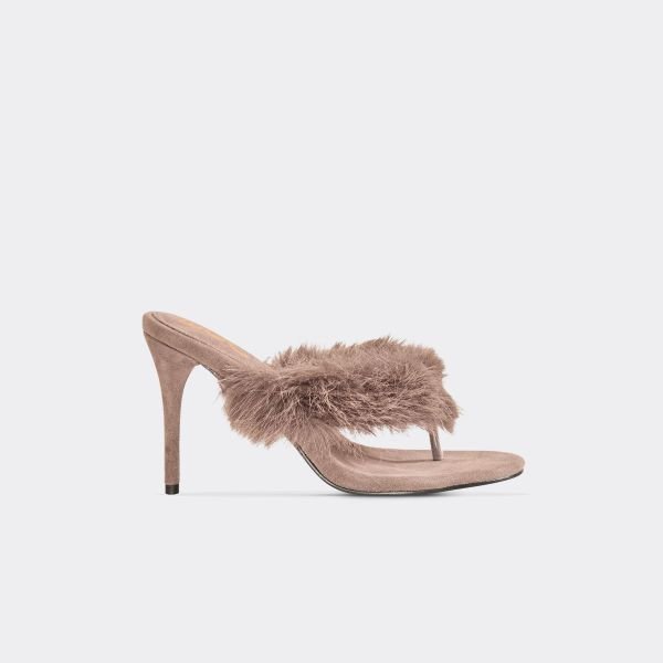 EGO Ostara Faux Feather Thong Strap Heeled Mule In Taupe Faux Suede, Women's Size UK 3 - 2