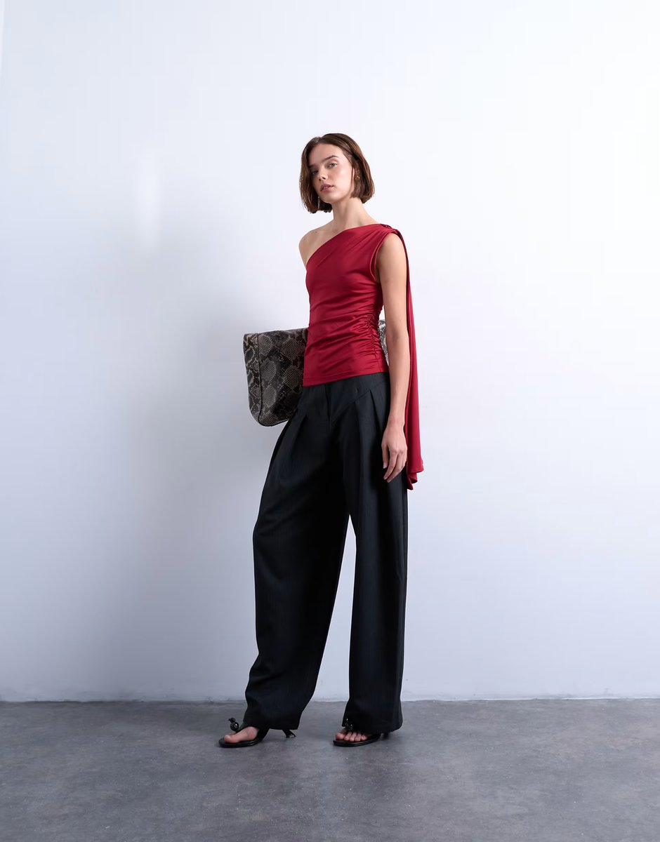 ASOS Topshop one shoulder cape detail top in red - 2