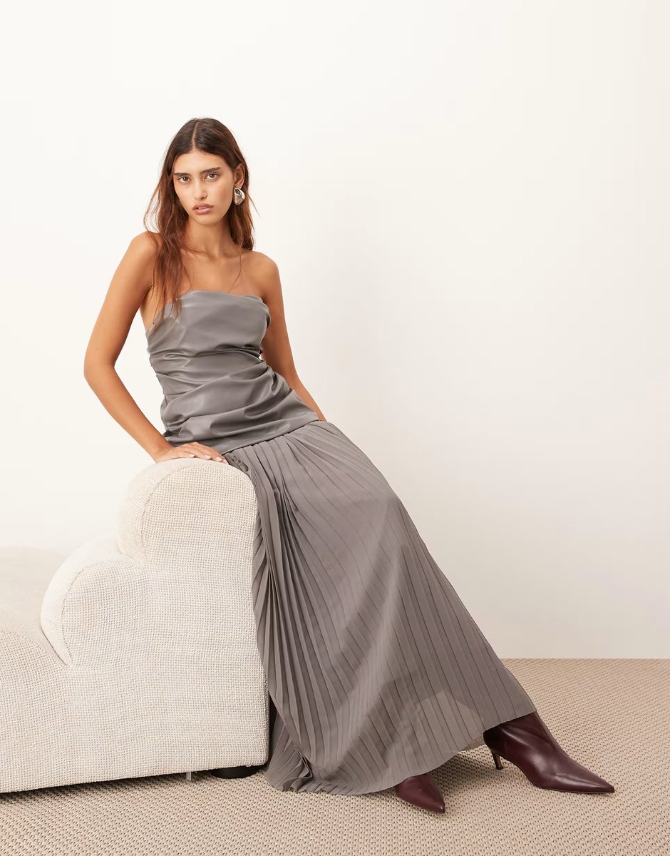 ASOS ARRANGE  PU bodice maxi dress with pleated skirt in dark grey - 3