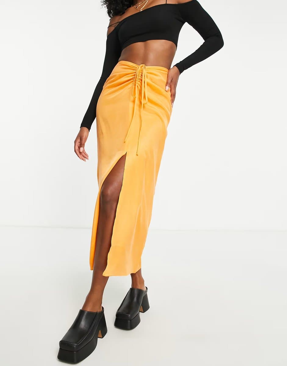 ASOS Topshop ruched channel waist midi skirt in orange