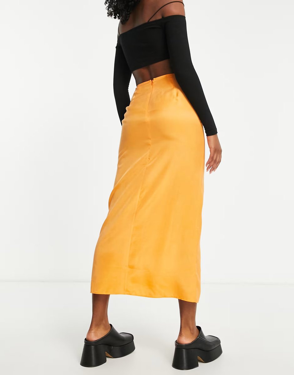 ASOS Topshop ruched channel waist midi skirt in orange - 2