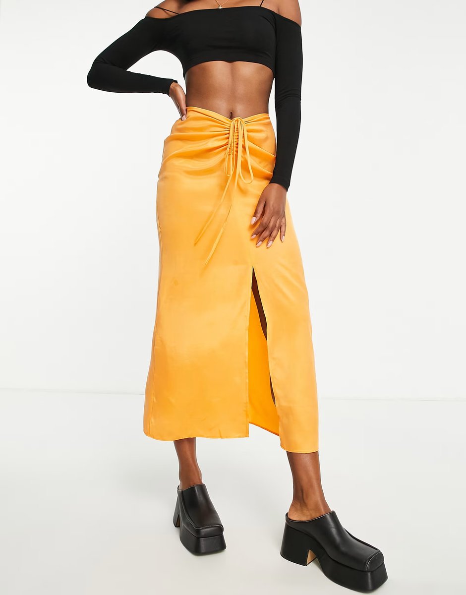 ASOS Topshop ruched channel waist midi skirt in orange - 3