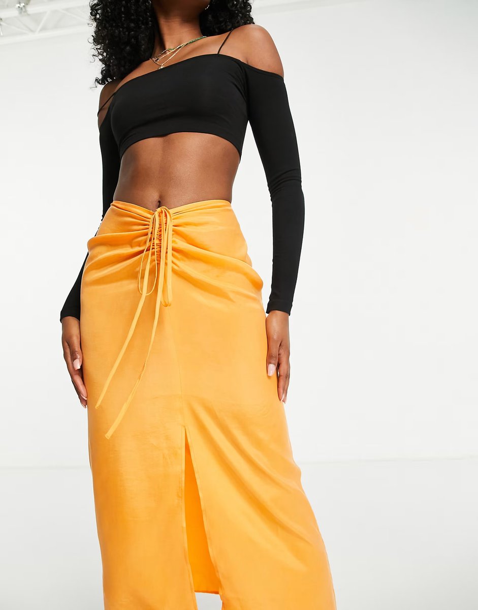 ASOS Topshop ruched channel waist midi skirt in orange - 4