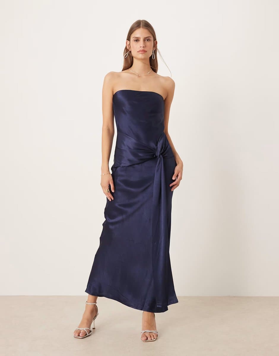 ASOS SNDYS satin bandeau wrap tie waist detail maxi dress in navy
