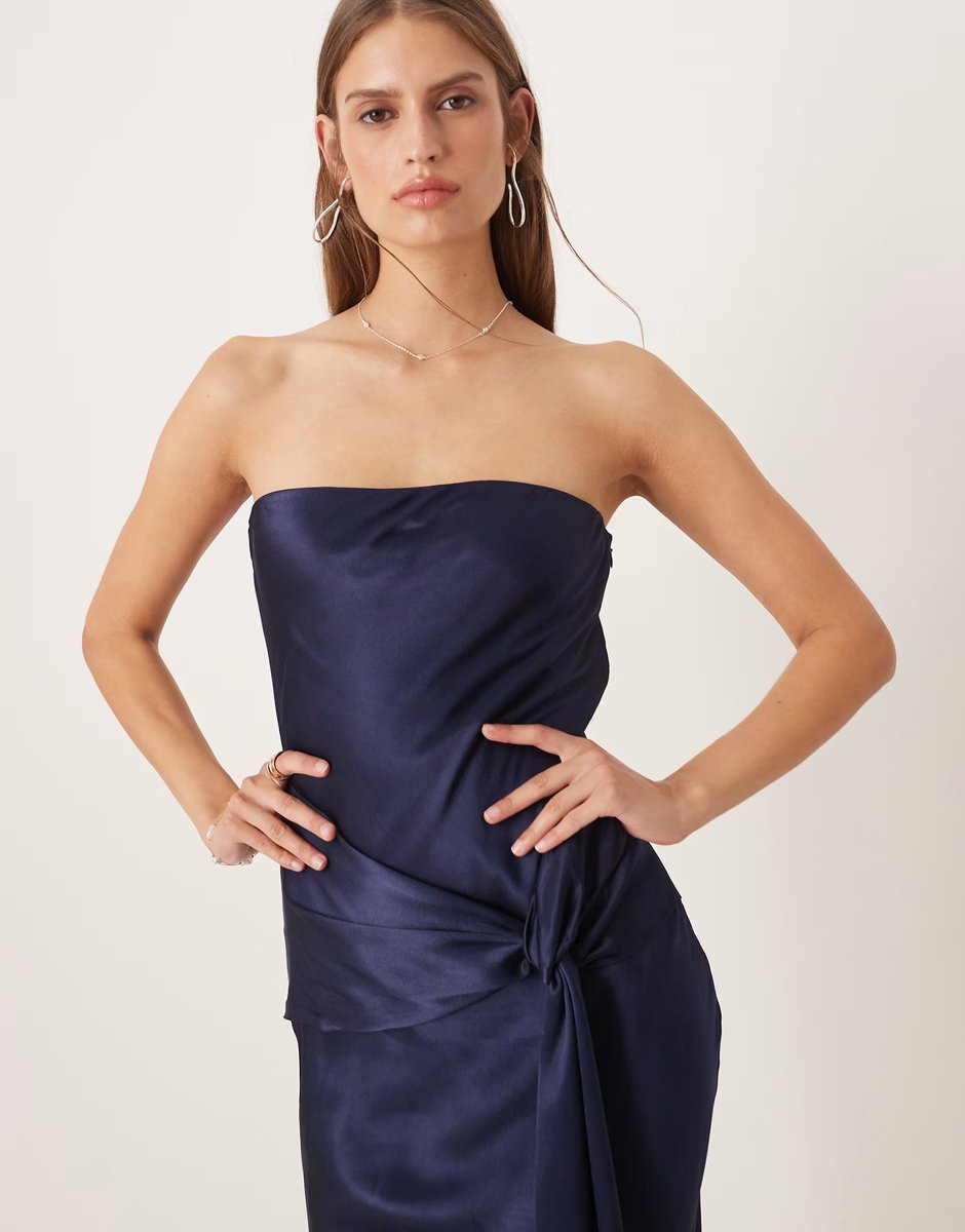 ASOS SNDYS satin bandeau wrap tie waist detail maxi dress in navy - 3