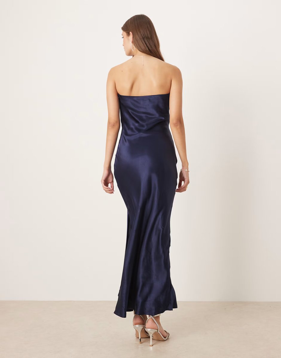 ASOS SNDYS satin bandeau wrap tie waist detail maxi dress in navy - 4