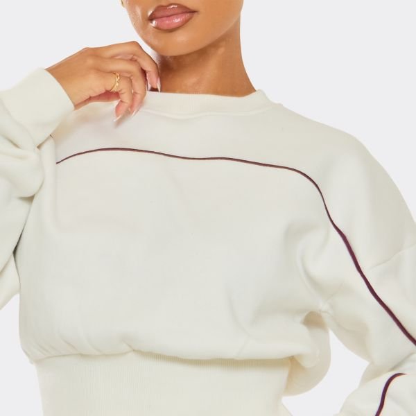 EGO Long Sleeve Contrast Piping Detail Cropped Sweatshirt In Cream, Women's Size UK 4 - 2