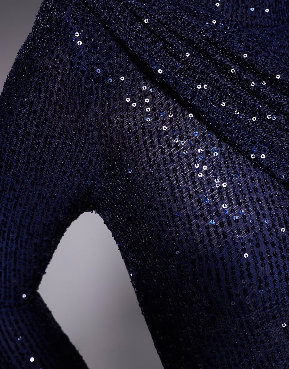 ASOS Ruched & Ready removable shoulder pad detail high neck drape front ruched skirt sequin mini dress in navy - 4