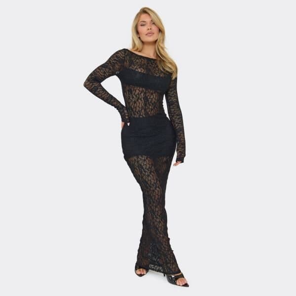 EGO Long Sleeve Panel Detail Maxi Dress In Black Lace, Women's Size UK 6