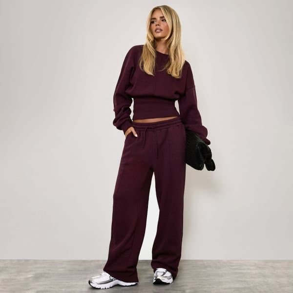 EGO Mid Rise Wide Leg Joggers In Plum, Women's Size UK 16
