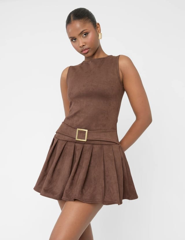 Public Desire Suedette Buckle Detail Pleated Mini Dress Brown - 2