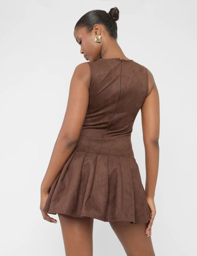 Public Desire Suedette Buckle Detail Pleated Mini Dress Brown - 3