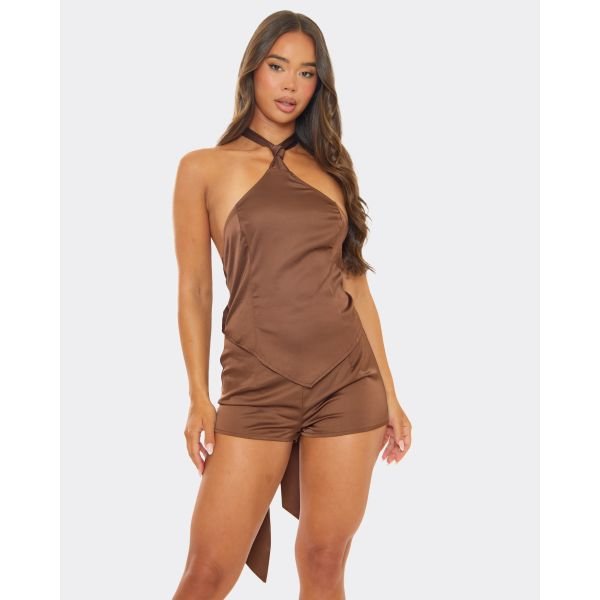 EGO Halterneck Knot Detail Front Playsuit In Chocolate Brown, Women's Size UK 6 - 2