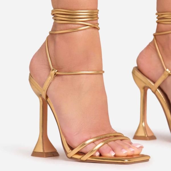 EGO Ring-Top Strappy Lace Up Square Toe Sculptured Heel In Gold Faux Leather, Women's Size UK 3 - 2