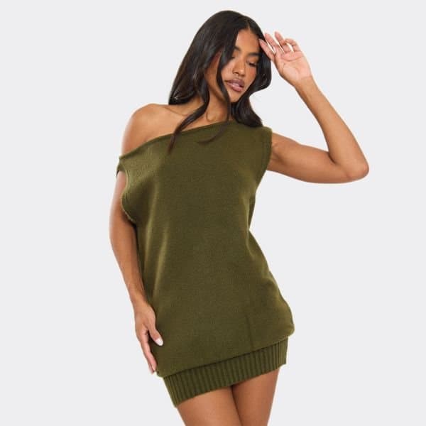 EGO Off The Shoulder Draped Asymmetric Detail Mini Dress In Khaki Knit, Women's Size UK Medium M