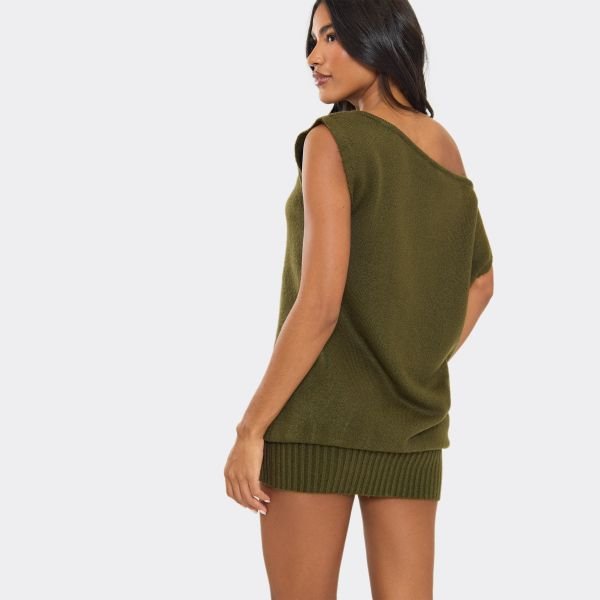 EGO Off The Shoulder Draped Asymmetric Detail Mini Dress In Khaki Knit, Women's Size UK Medium M - 2