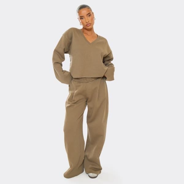 EGO Drawstring Wide Leg Joggers In Washed Khaki, Women's Size UK 6 - 1