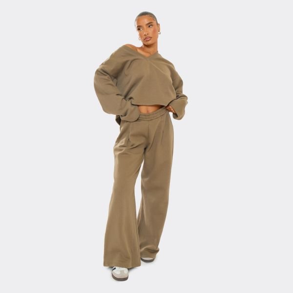 EGO Drawstring Wide Leg Joggers In Washed Khaki, Women's Size UK 6 - 2