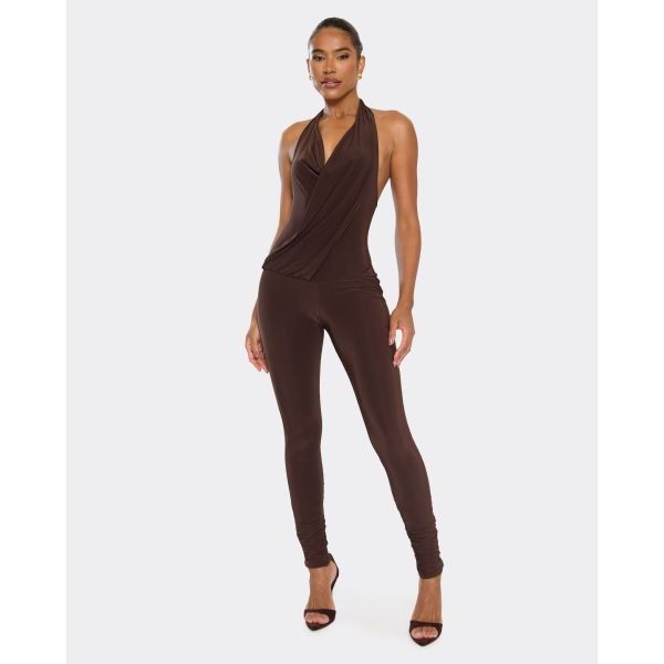 EGO Halterneck Drape Detail Jumpsuit In Brown Slinky, Women's Size UK 6 - 2