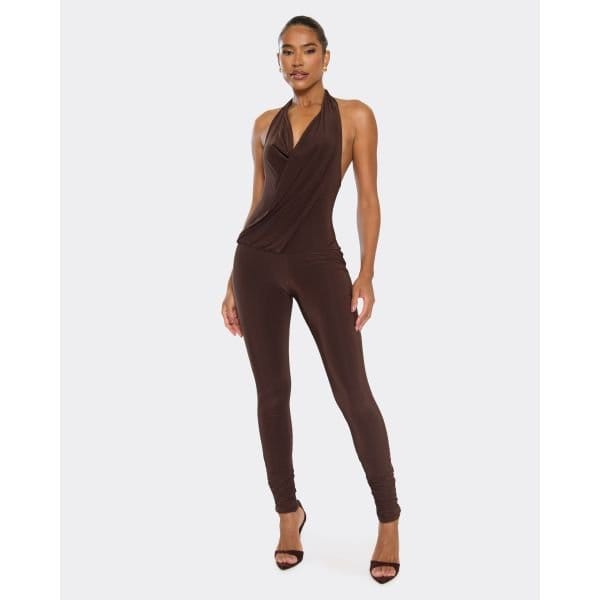 EGO Halterneck Drape Detail Jumpsuit In Brown Slinky, Women's Size UK 6 - 2