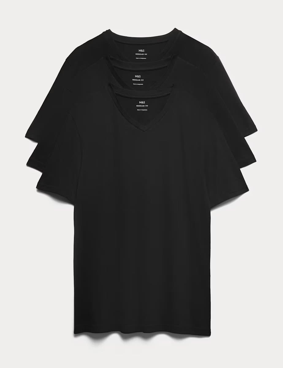 Marks & Spencer M&S 3 Pack Pure Cotton V-Neck T-Shirts Black