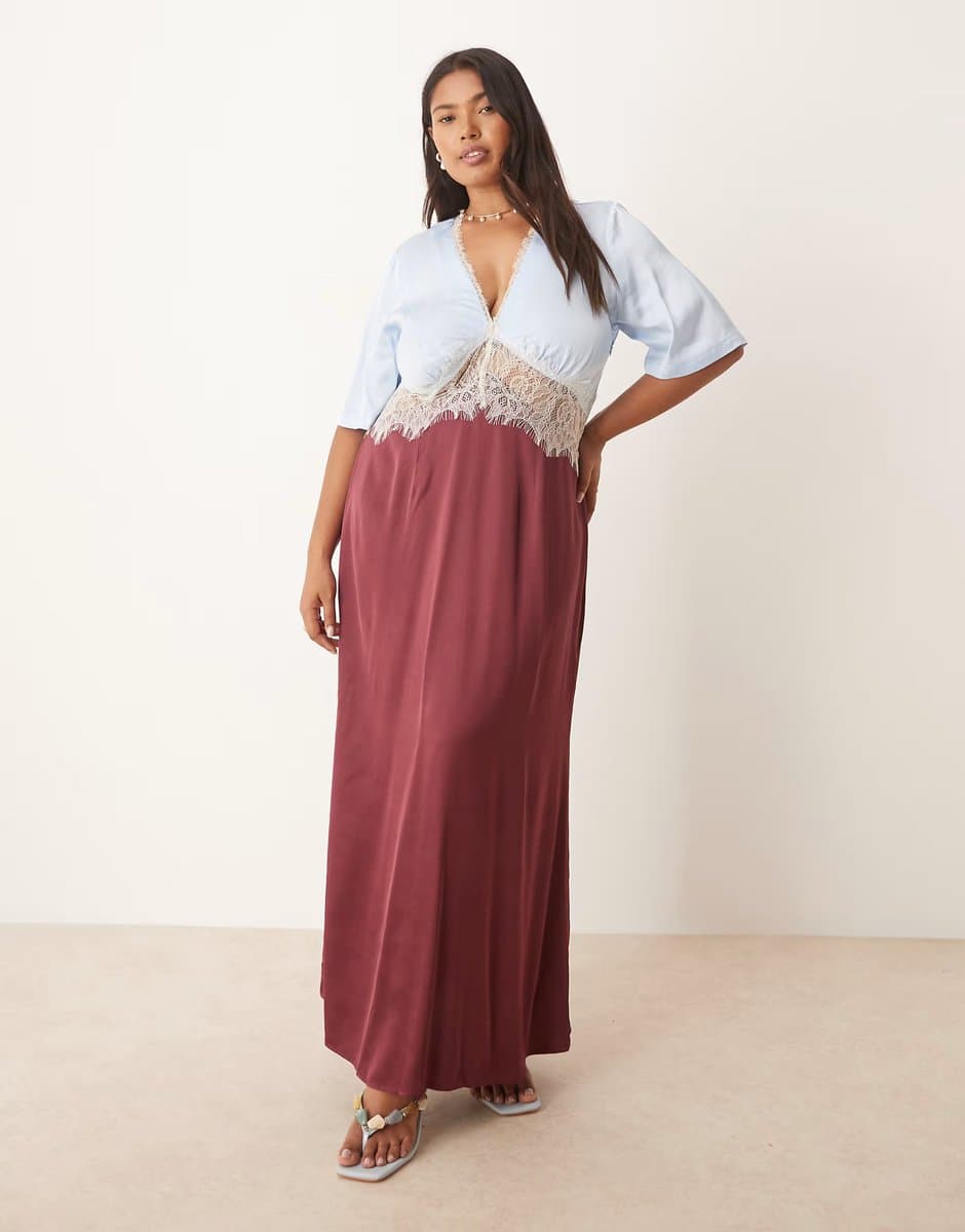 ASOS Never Fully Dressed Plus puff sleeve lace insert midaxi dress in burgundy