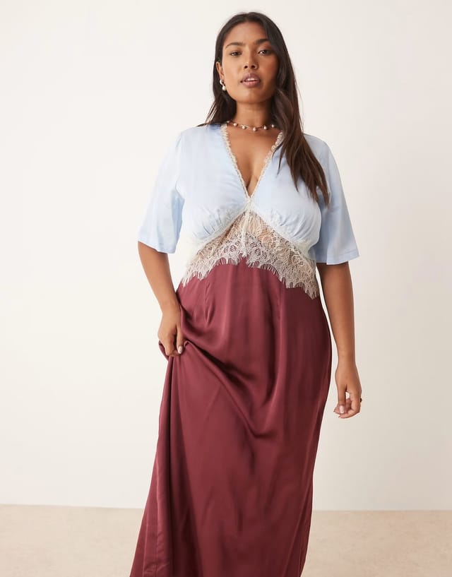 ASOS Never Fully Dressed Plus puff sleeve lace insert midaxi dress in burgundy - 3