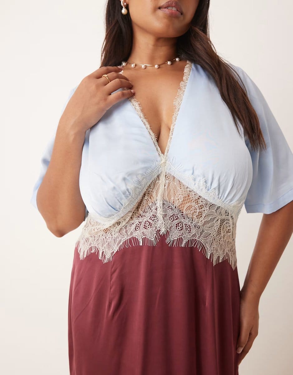 ASOS Never Fully Dressed Plus puff sleeve lace insert midaxi dress in burgundy - 4