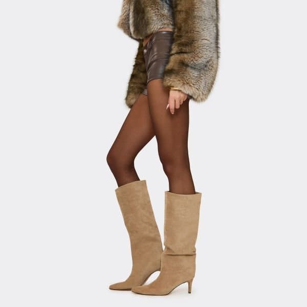 EGO Special Pointed Toe Knee High Heeled Boot In Beige Faux Suede, Women's Size UK 3