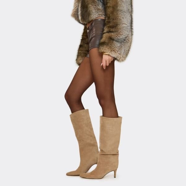 EGO Special Pointed Toe Knee High Heeled Boot In Beige Faux Suede, Women's Size UK 3 - 1