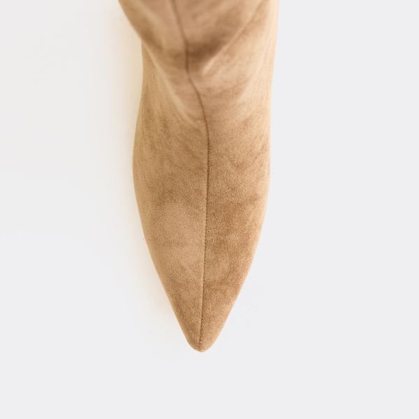 EGO Special Pointed Toe Knee High Heeled Boot In Beige Faux Suede, Women's Size UK 3 - 2