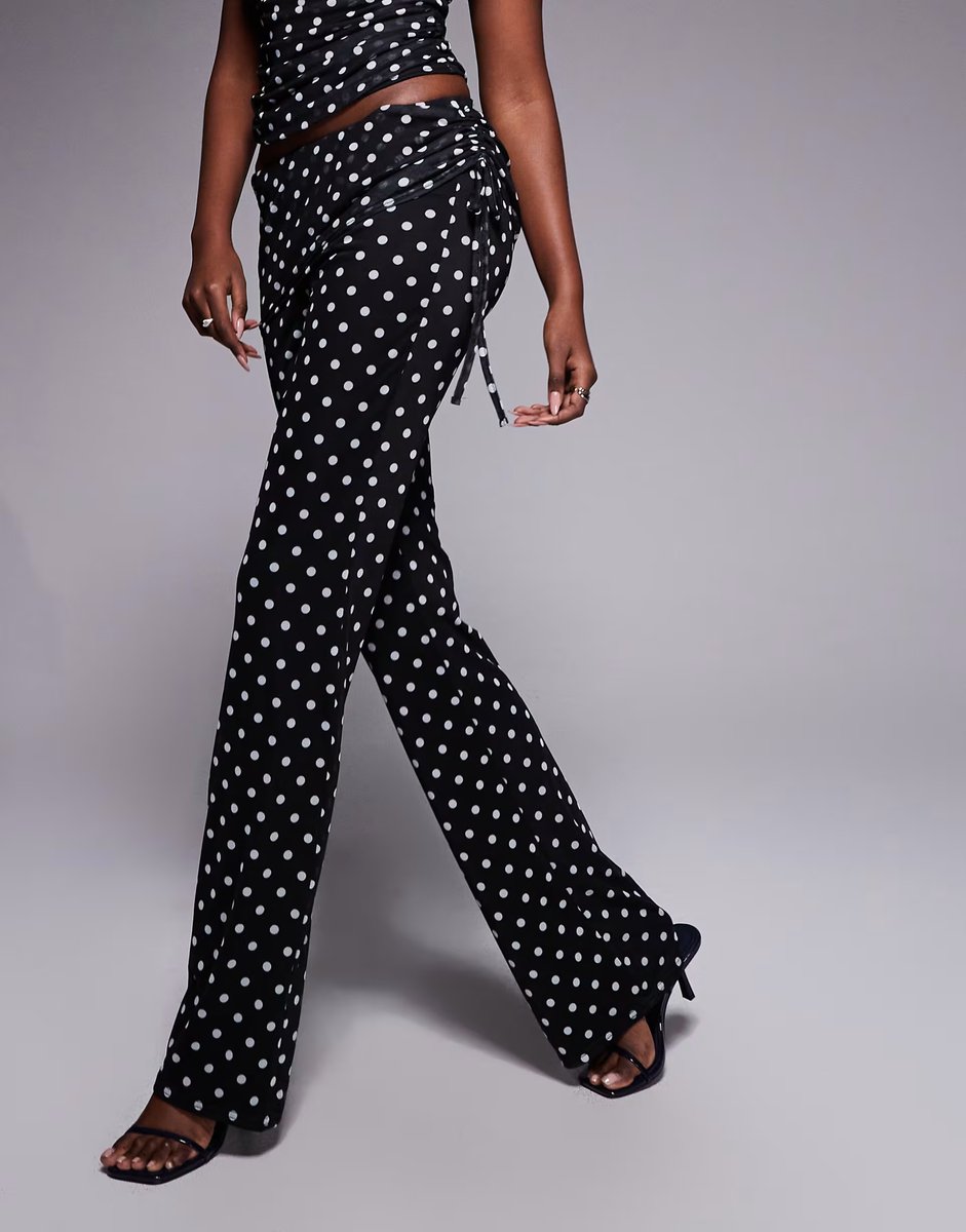 ASOS Kaiia exclusive double layered slinky mesh foldover ruched detail trousers co-ord in mono polka dot - 3