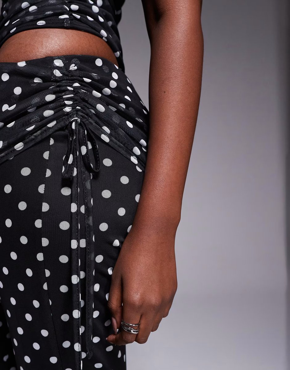 ASOS Kaiia exclusive double layered slinky mesh foldover ruched detail trousers co-ord in mono polka dot - 4