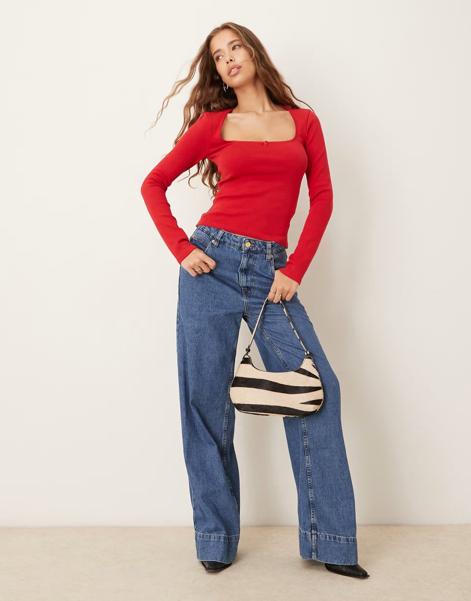 ASOS Gina Tricot bow tight rib long sleeve top in red - 2