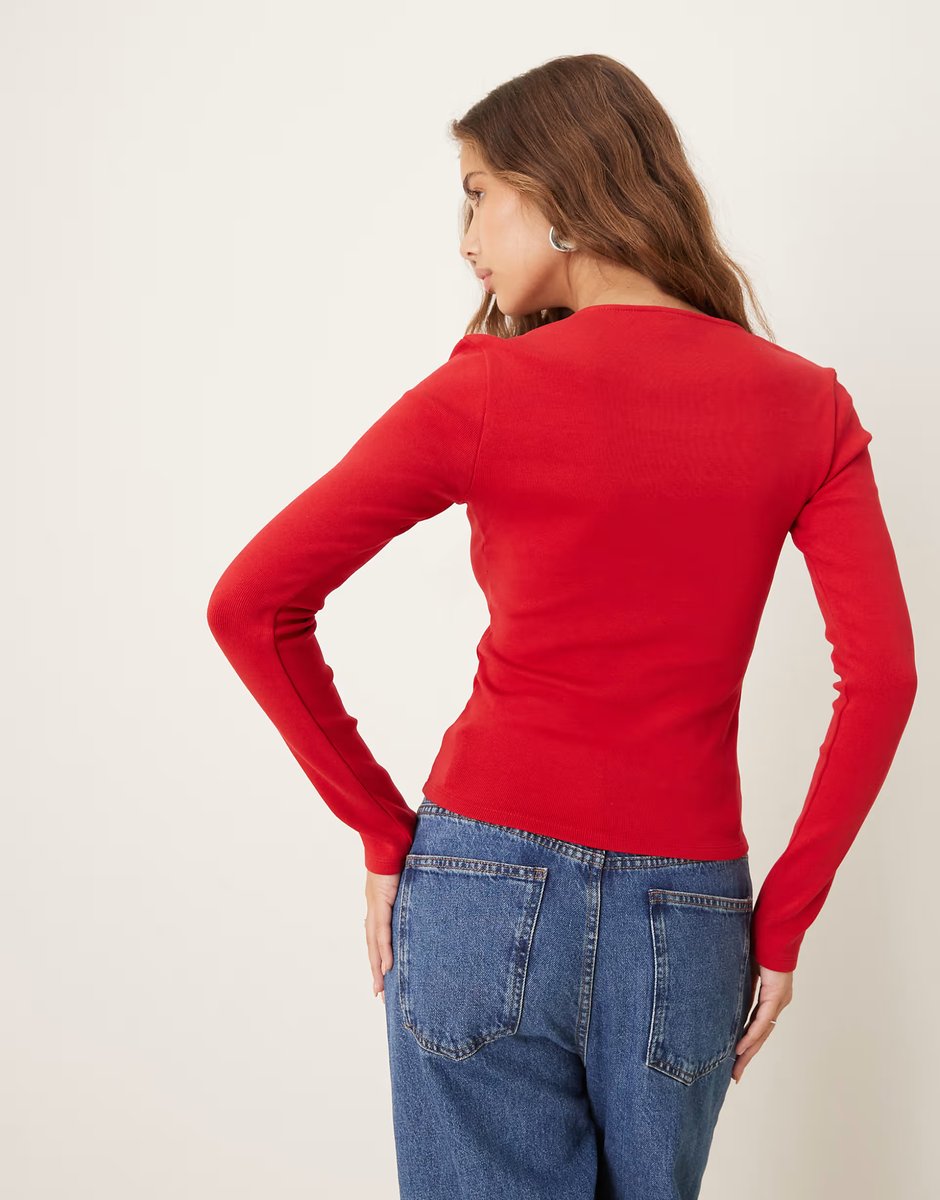 ASOS Gina Tricot bow tight rib long sleeve top in red - 3