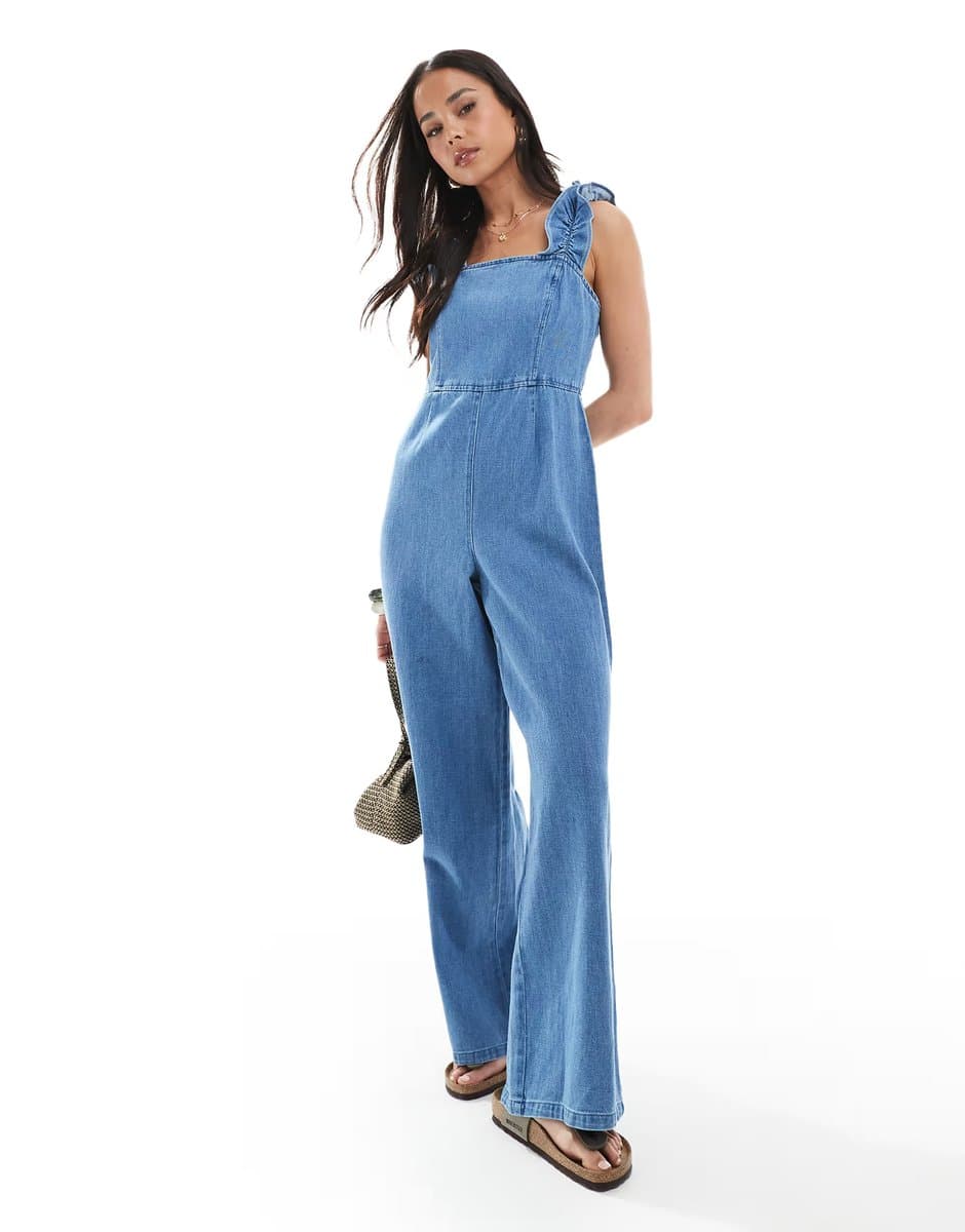 ASOS ASOS DESIGN soft denim jumpsuit with frill strap in light blue