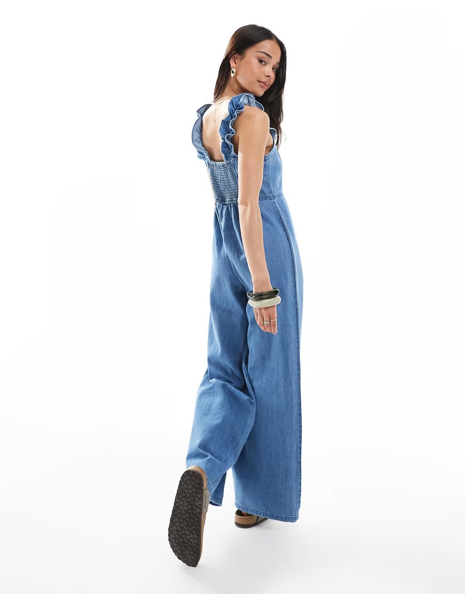 ASOS ASOS DESIGN soft denim jumpsuit with frill strap in light blue - 3