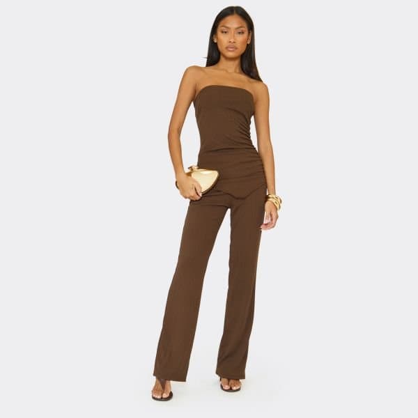 EGO Bandeau Asymmetric Top And High Waist Straight Leg Trousers Co-Ord Set In Chocolate Brown Textured, Women's Size UK 6