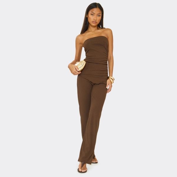 EGO Bandeau Asymmetric Top And High Waist Straight Leg Trousers Co-Ord Set In Chocolate Brown Textured, Women's Size UK 6 - 2