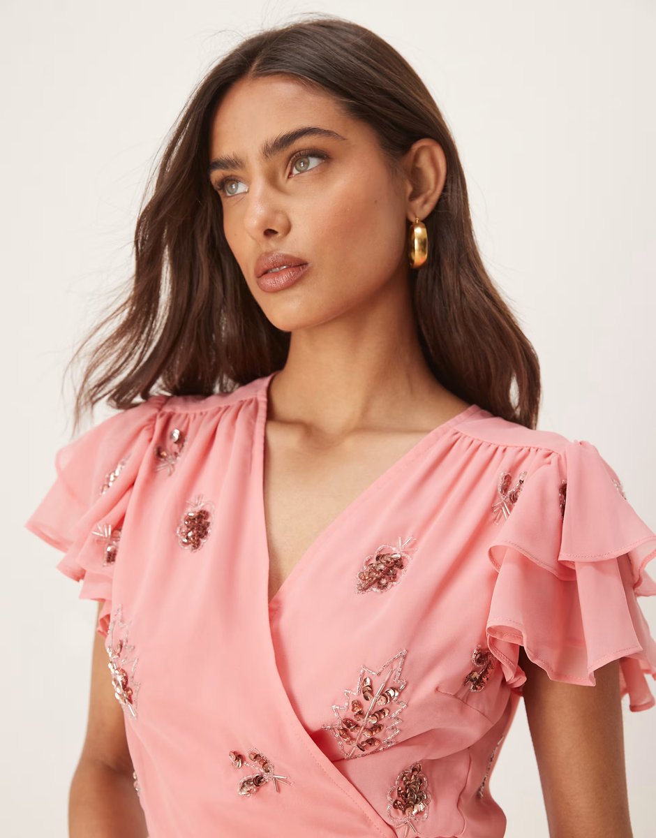 ASOS Hope & Ivy frill sleeve embellished wrap top co-ord in pink - 2
