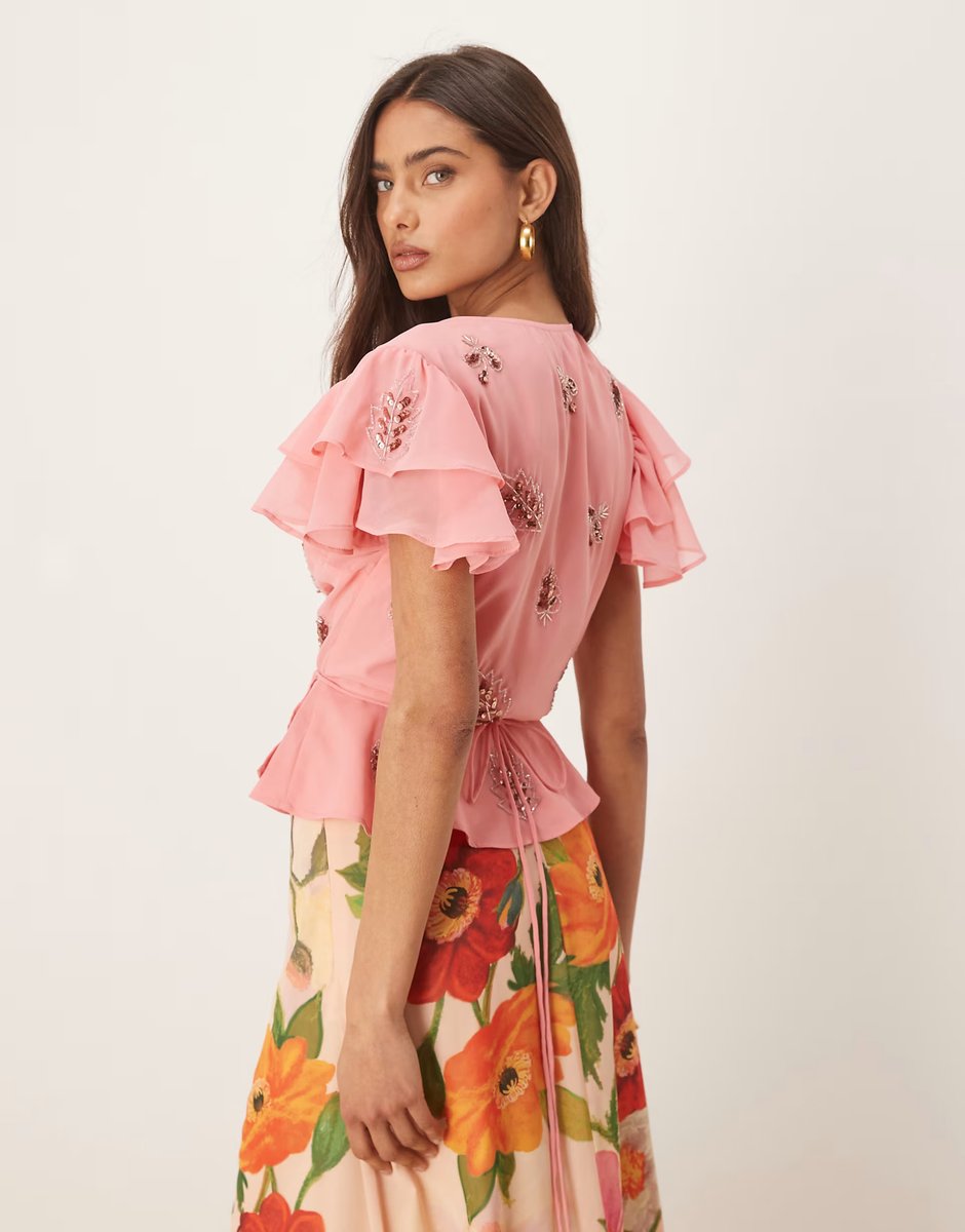 ASOS Hope & Ivy frill sleeve embellished wrap top co-ord in pink - 3