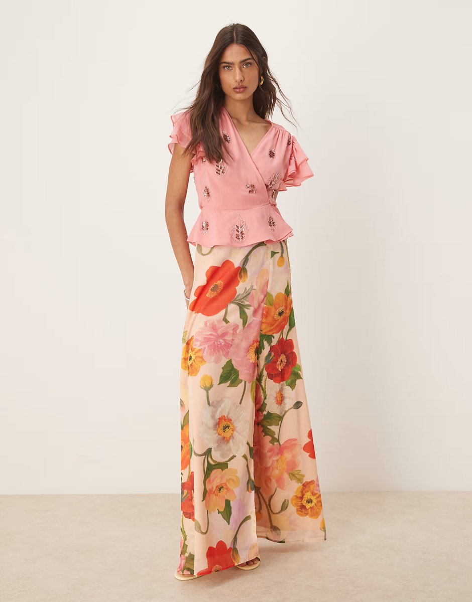 ASOS Hope & Ivy frill sleeve embellished wrap top co-ord in pink - 4