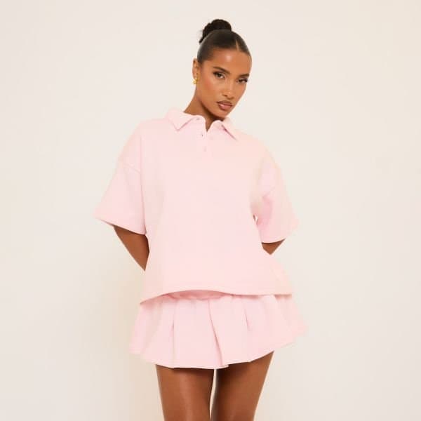EGO Short Sleeve Polo Collar Detail Oversized Sweatshirt In Pink, Women's Size UK 16