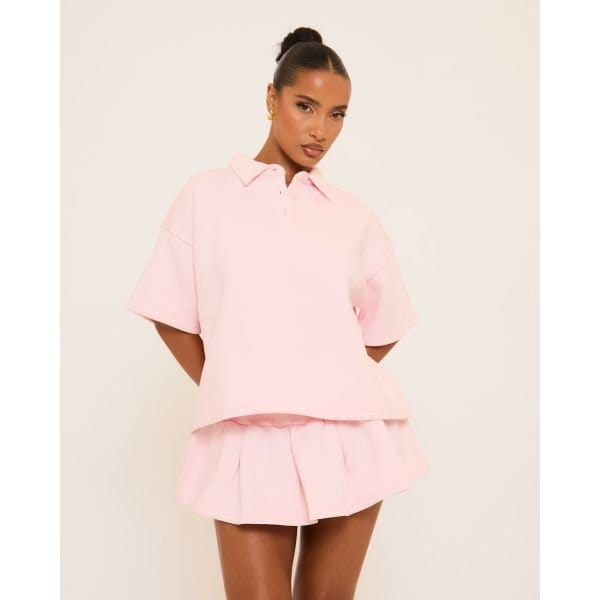 EGO Short Sleeve Polo Collar Detail Oversized Sweatshirt In Pink, Women's Size UK 16 - 2