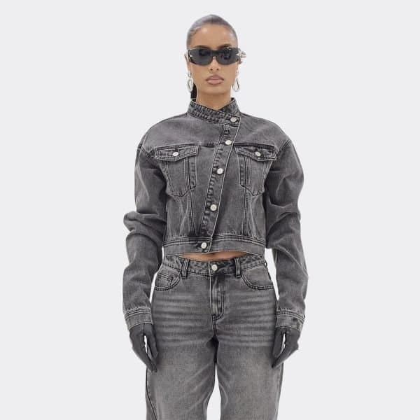 EGO EGO High Neck Asymmetric Button Jacket in Washed Grey Denim