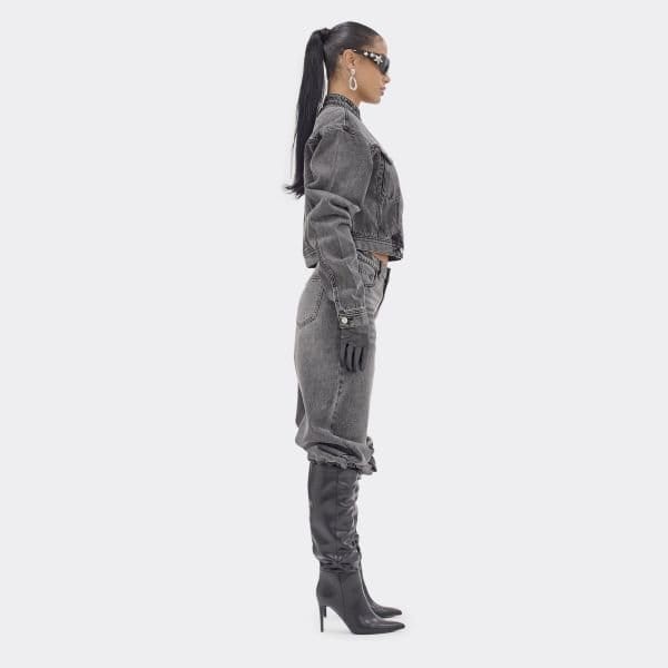 EGO High Neck Asymmetric Button Detail Jacket In Washed Grey Denim, Women's Size UK 6 - 2