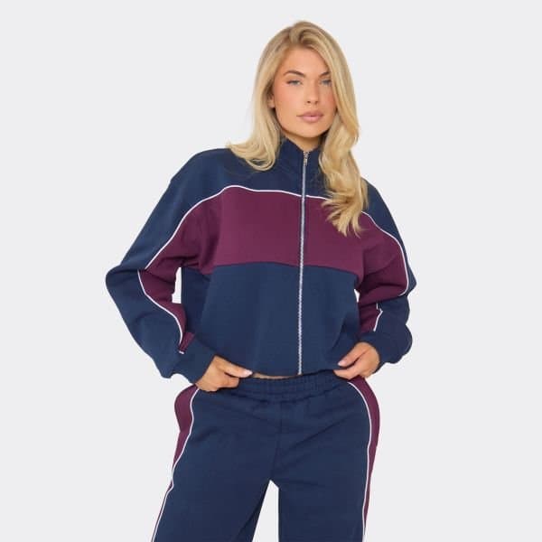 EGO Contrast Detail Zip Up Sweatshirt In Navy Blue, Women's Size UK 6